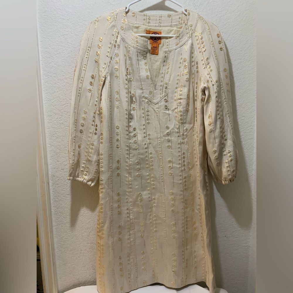 NWOT Tory Burch Ivory and Gold Threaded Tunic silk blend Dress size 6